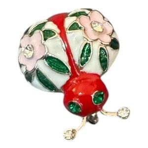 Rhinestone Enamel Ladybug Brooch Flower Floral Silver Tone Red White Green